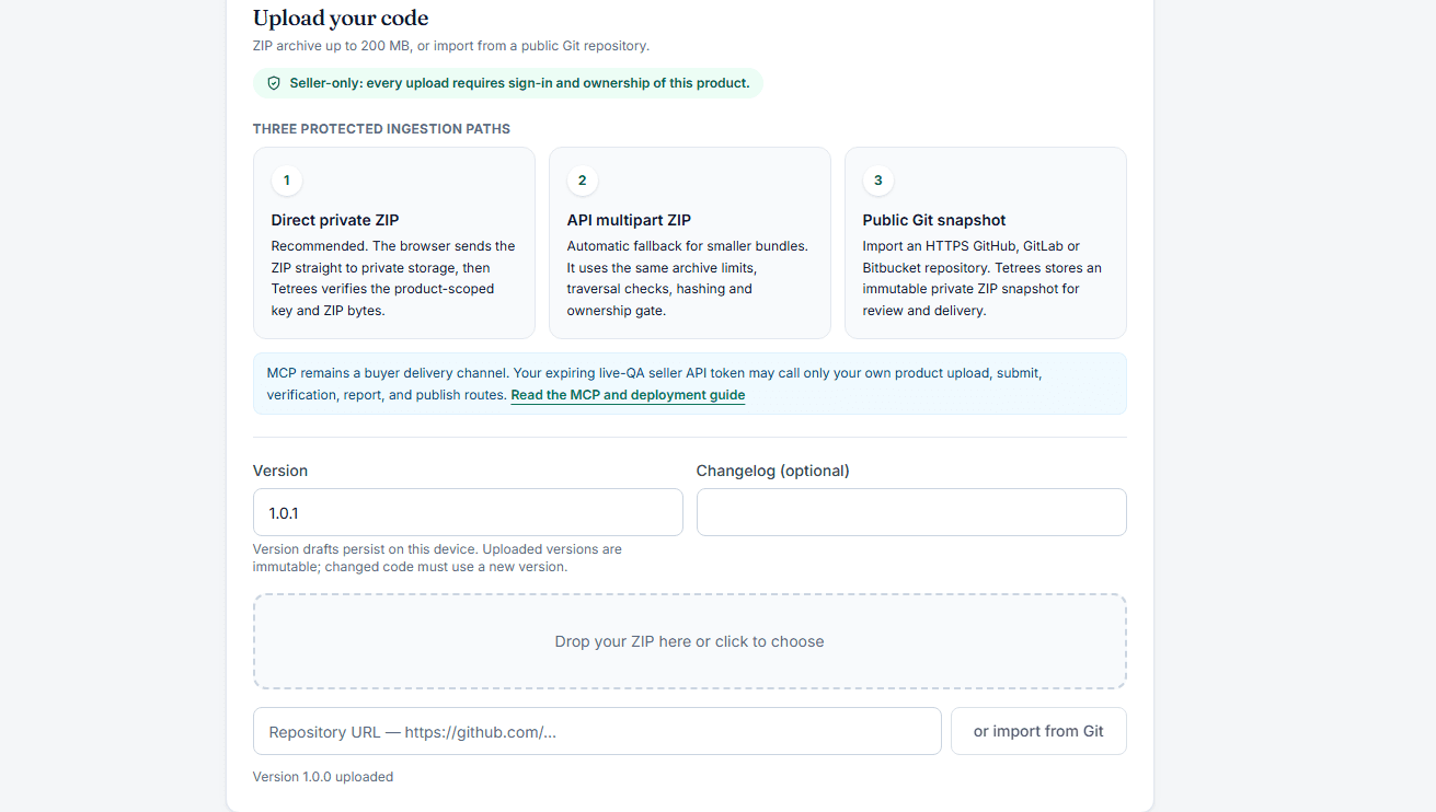 Tetrees seller manager showing direct ZIP, multipart ZIP and public Git ingestion, version entry and archive upload controls
