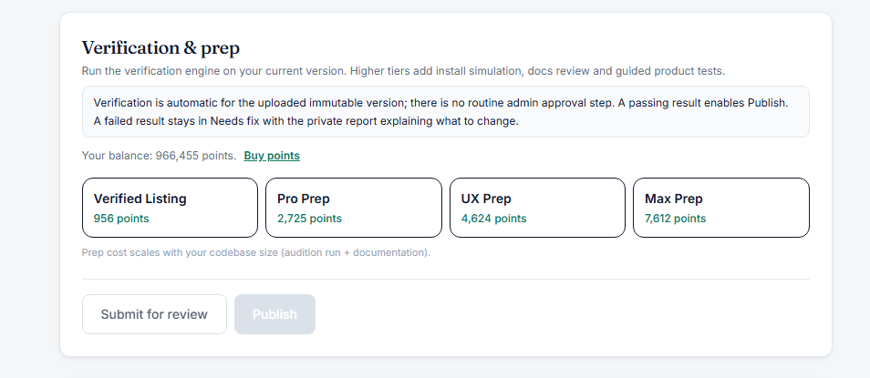 Tetrees seller verification and preparation panel showing the mandatory Verified Listing tier and three optional higher tiers